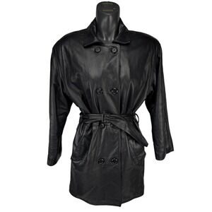 VTG DIMITRI COUTURE Leather Power Shoulders Double-Breasted Belted Trench Coat L